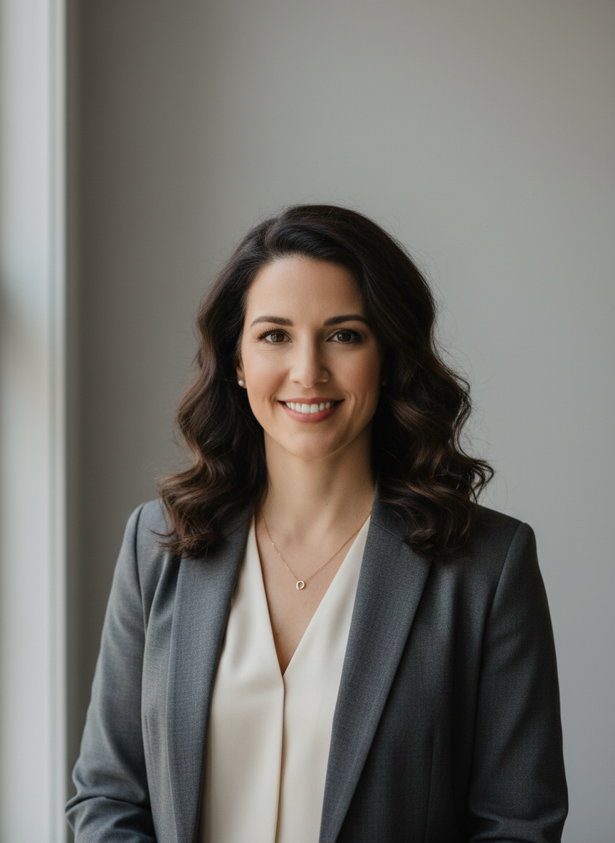 Editorial portrait of Tay, a brand strategist and writer, on a neutral gray background.