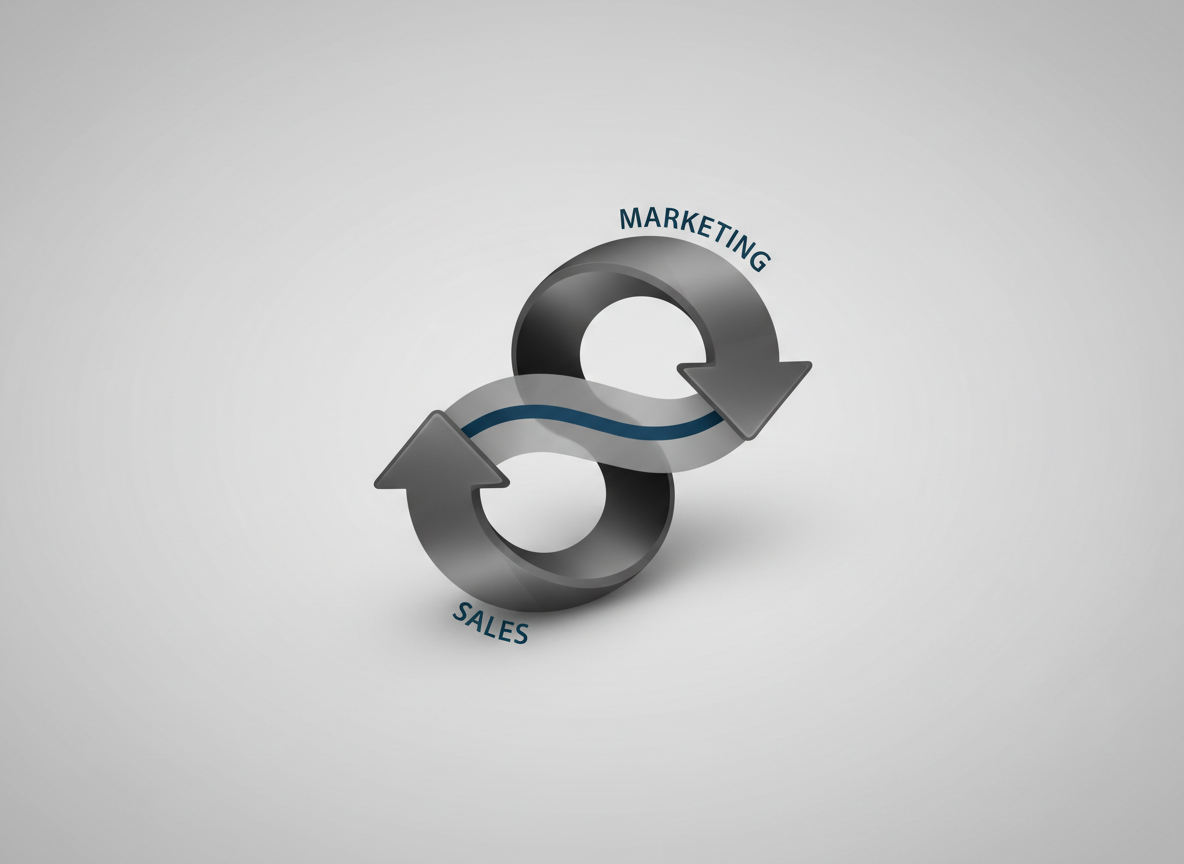 Two interlocking abstract arrows on a light gray background representing marketing and sales alignment.