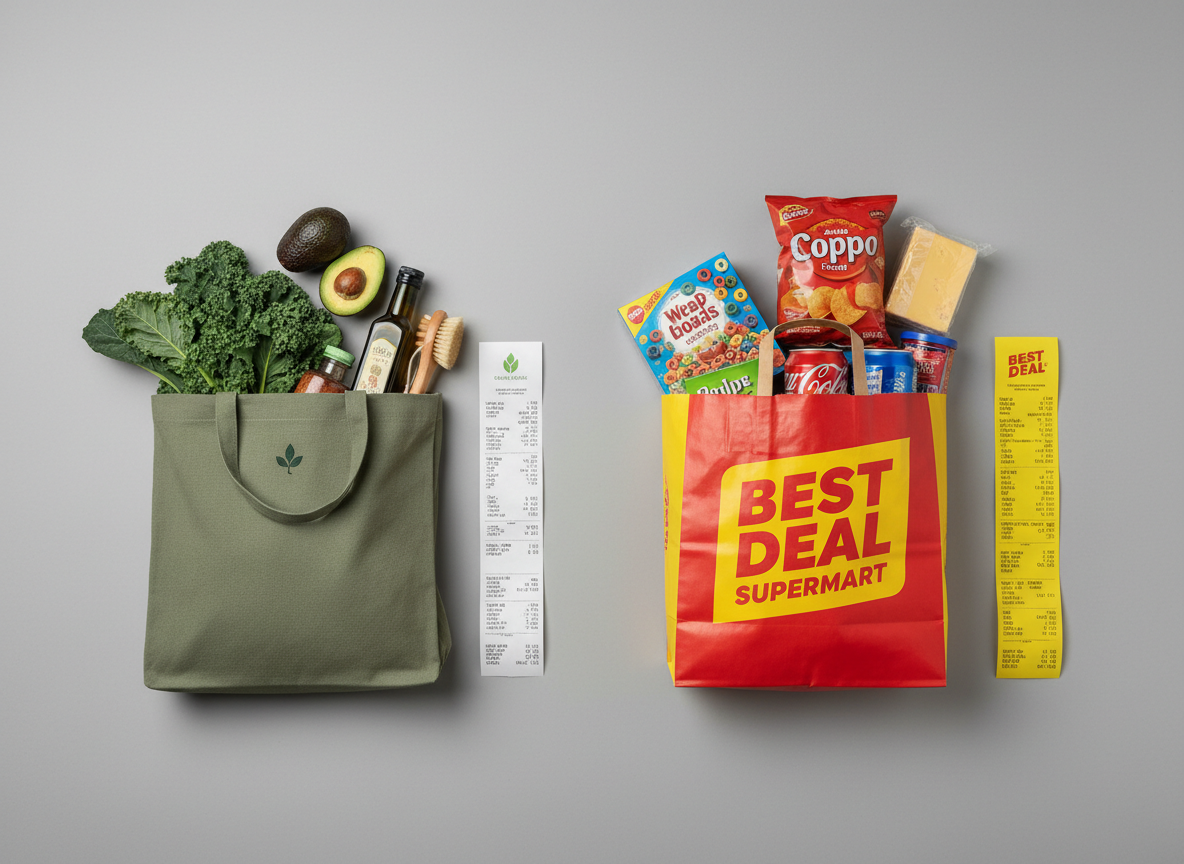 Two contrasting grocery shopping bags and receipts arranged on a neutral gray studio background.
